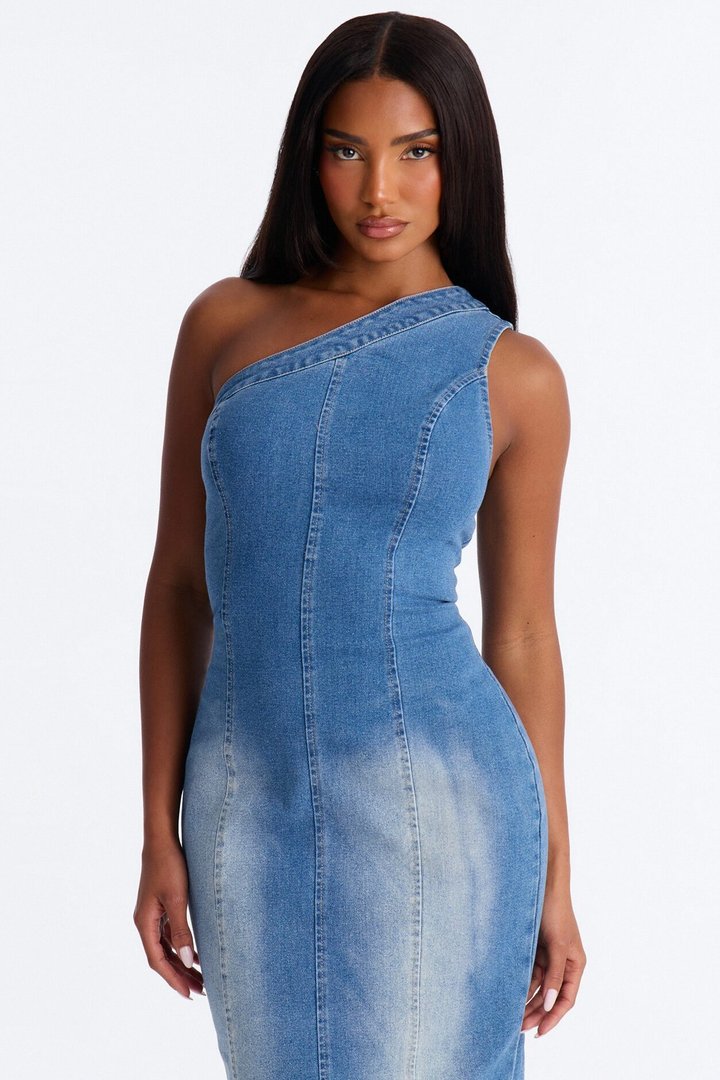 Karina One Shoulder Denim Midi Dress - Denim