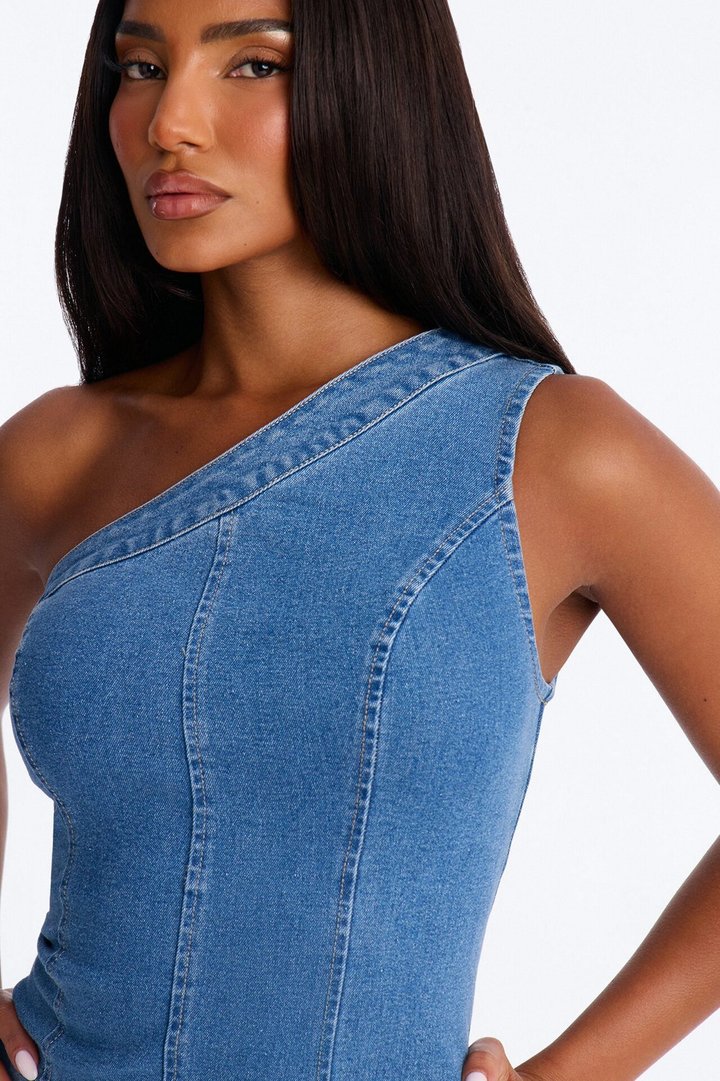 Karina One Shoulder Denim Midi Dress - Denim