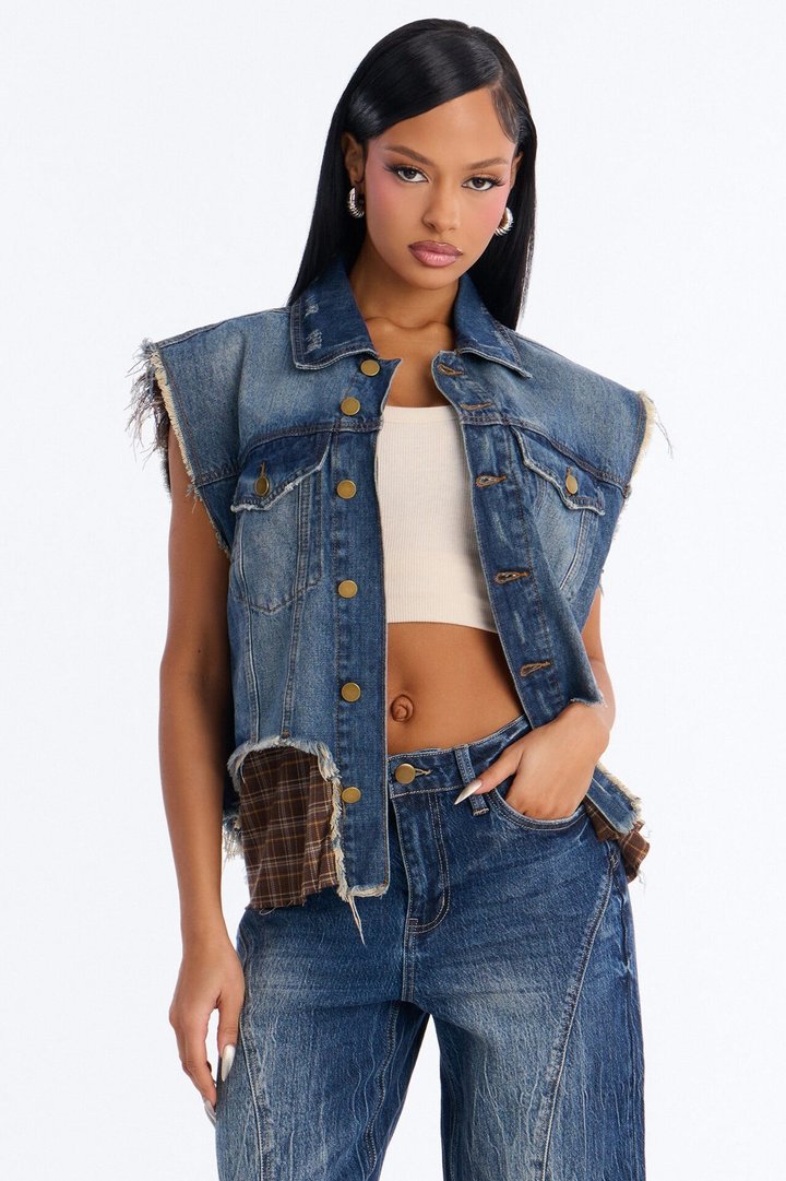 Back Alley Frayed Grunge Denim Vest - Medium Wash