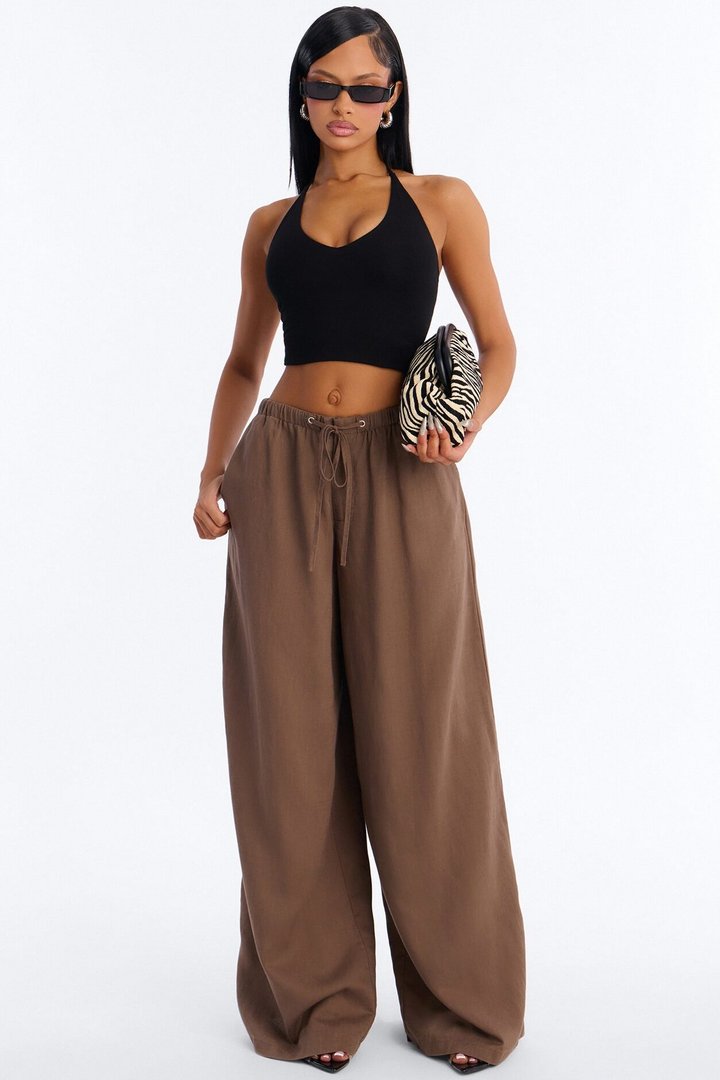Heat Wave Linen Wide Leg Drawstring Pant - Caffe
