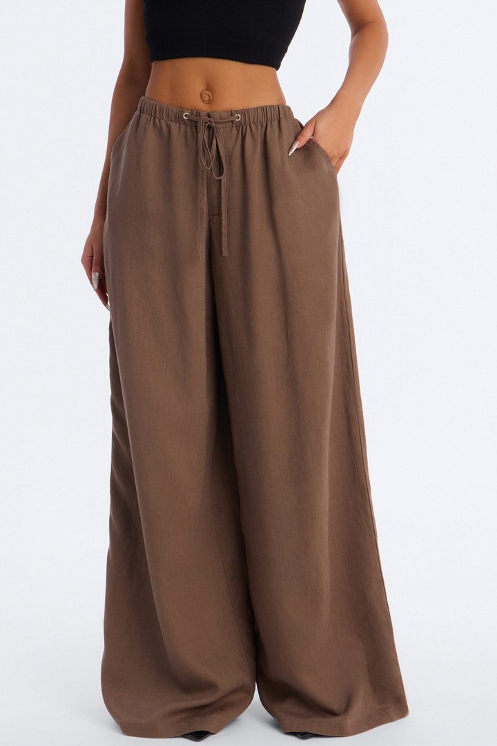 Heat Wave Linen Wide Leg Drawstring Pant - Caffe