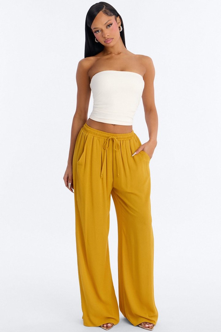 In Cannes For The Summer Wide Leg Gauze Pant - Mustard