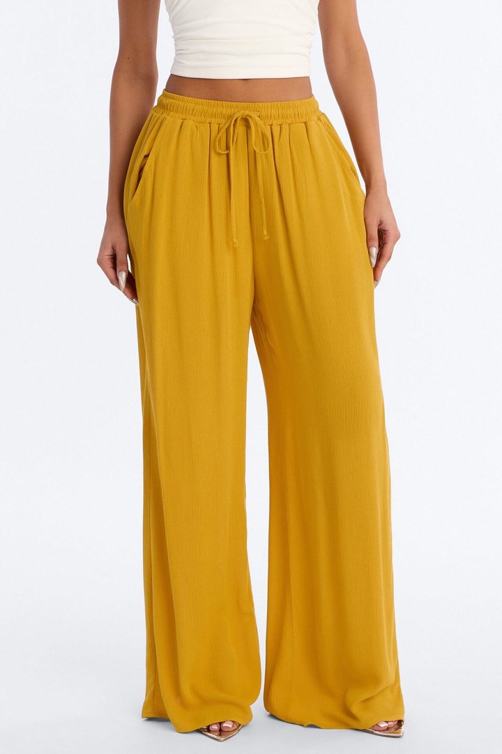 In Cannes For The Summer Wide Leg Gauze Pant - Mustard