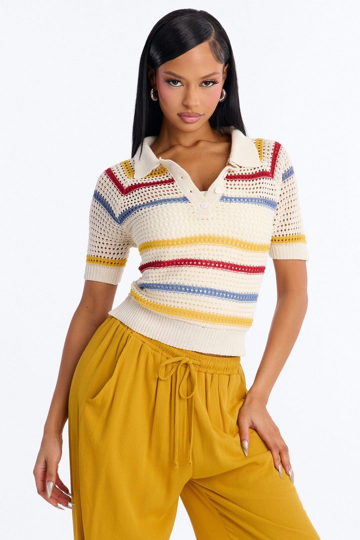 Clear Skies Crochet Polo Top - Natural/Combo