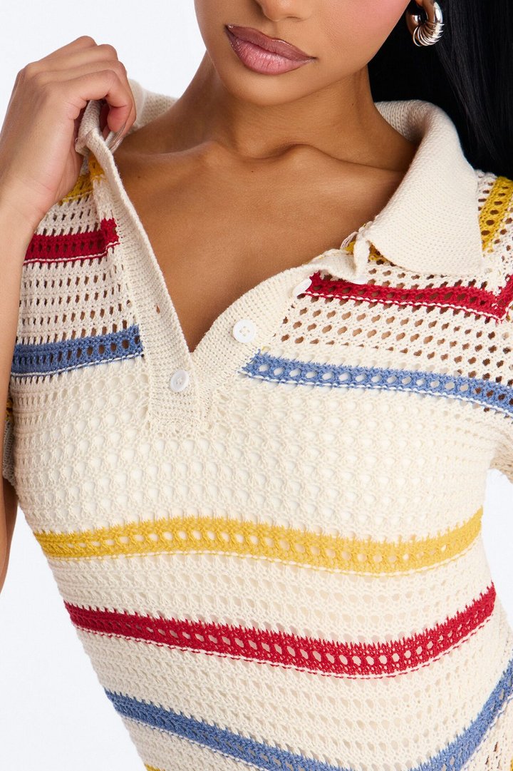 Clear Skies Crochet Polo Top - Natural/Combo