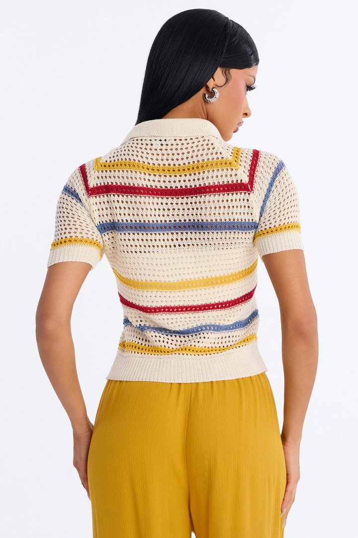 Clear Skies Crochet Polo Top - Natural/Combo