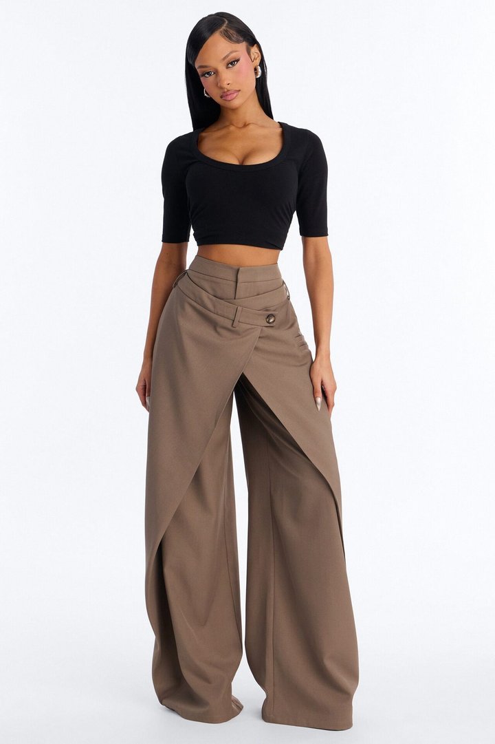 Tall Seeing Double Wide Leg Wrap Front Trouser - Caffe