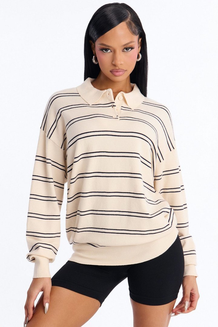 Diana Striped Long Sleeve Polo Sweater - Cream/combo