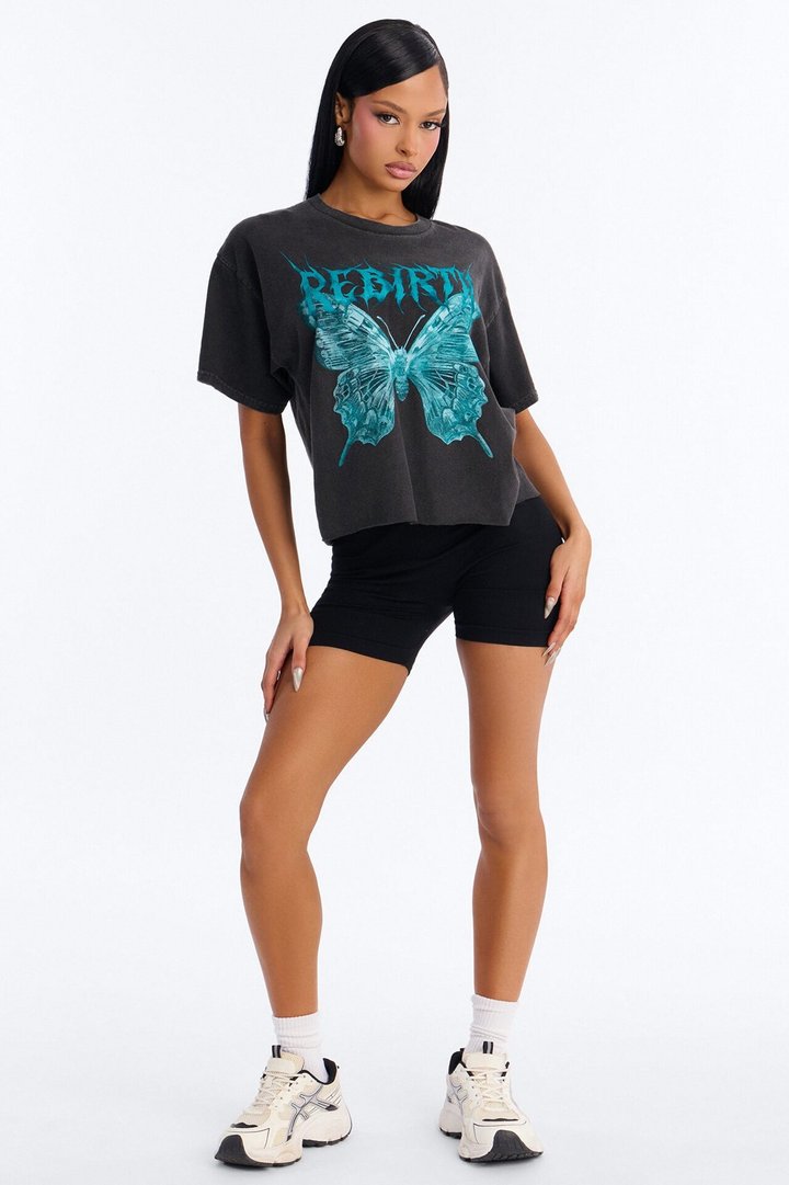 Rebirth Butterfly Cropped Tee - Black