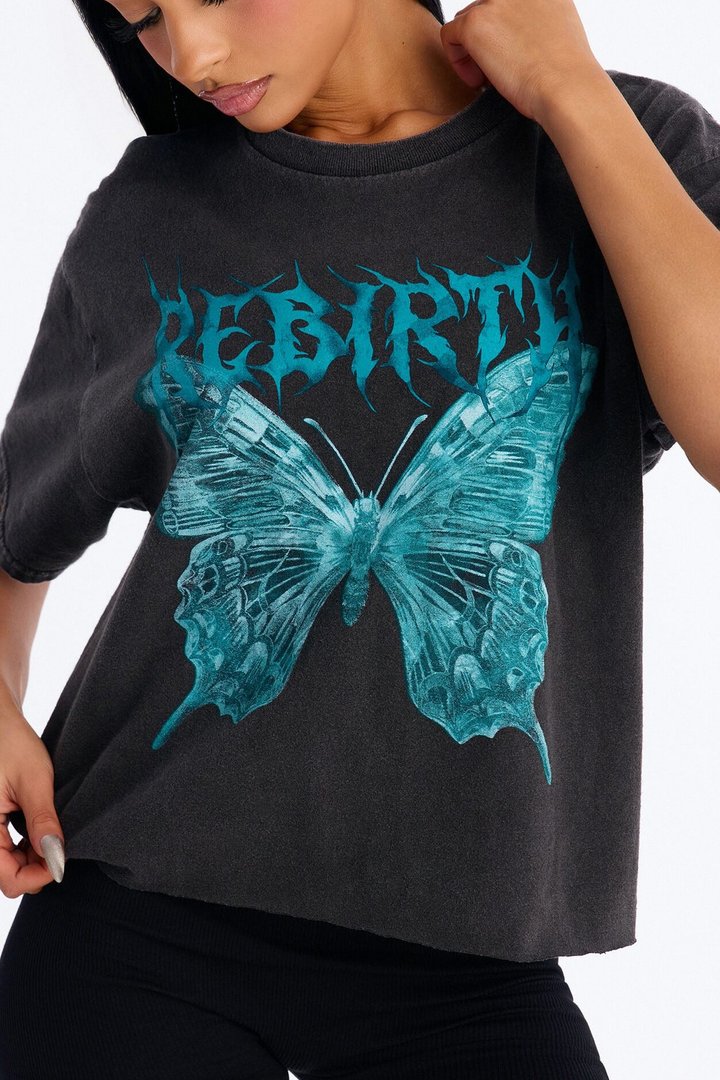 Rebirth Butterfly Cropped Tee - Black