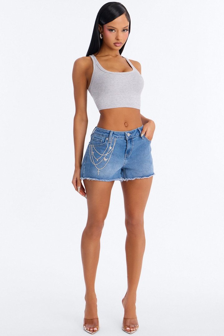 Oh So Charming Printed Chain Cut Off Denim Shorts - Dark Wash