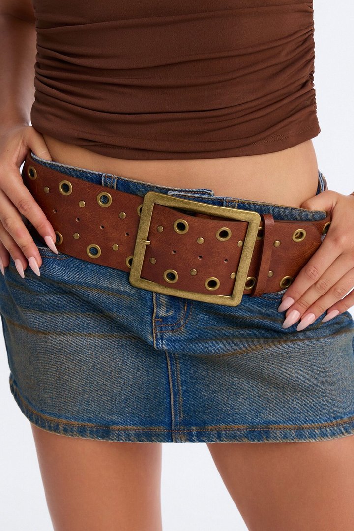 Prairie Gold Wide Faux Leather Belt - Cognac