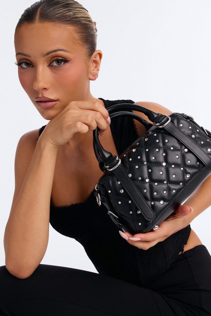 Rain Drops Faux Leather Satchel Handbag - Black
