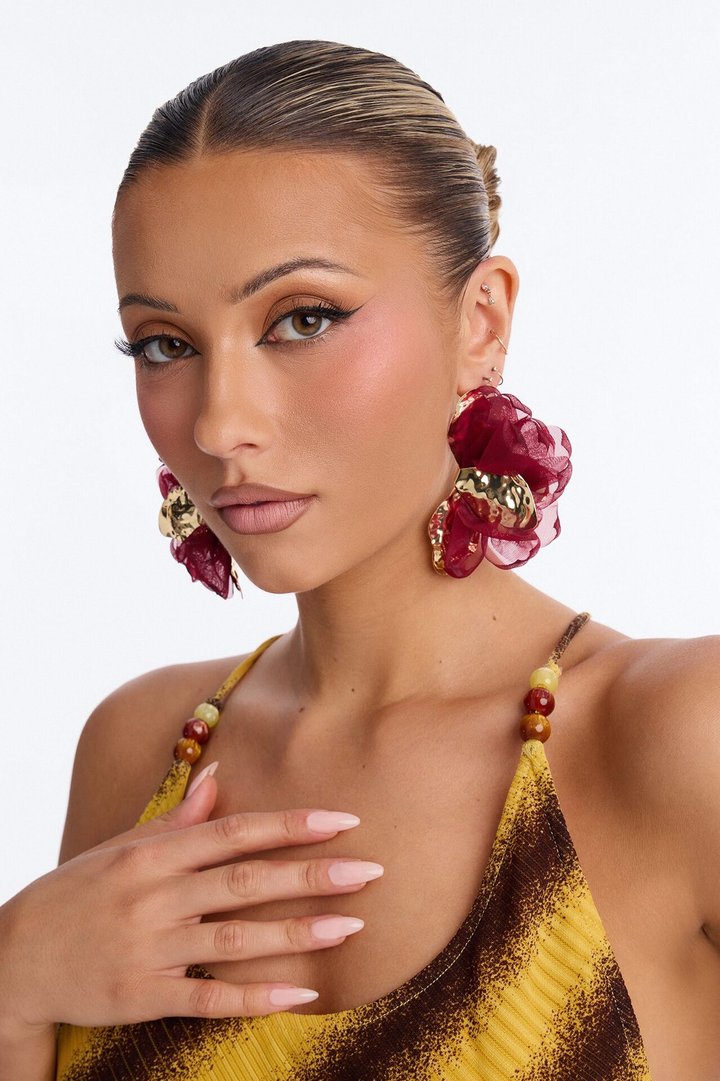 Ruffle Rose Earrings - Burgundy/combo