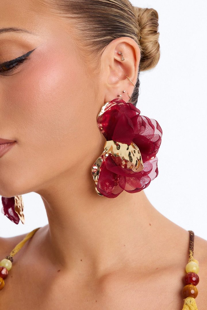 Ruffle Rose Earrings - Burgundy/combo