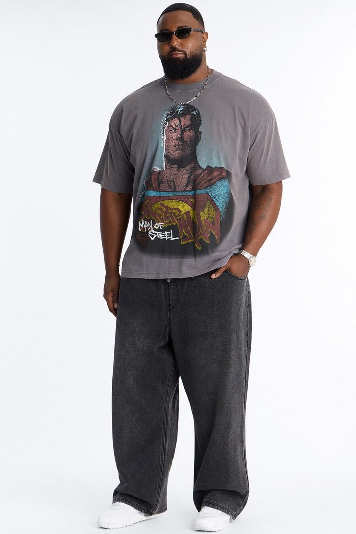 Superman Man Of Steel Vintage Heavy Weight Distressed Short Sleeve Tee - Charcoal
