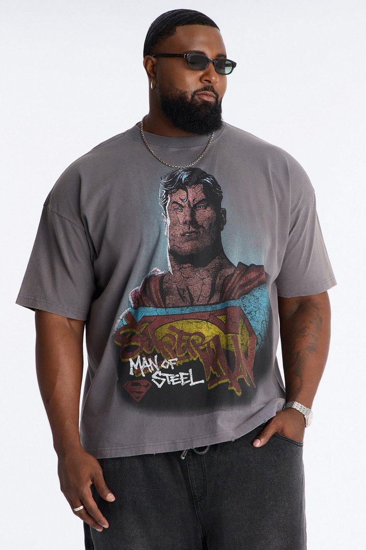 Superman Man Of Steel Vintage Heavy Weight Distressed Short Sleeve Tee - Charcoal