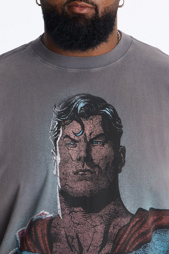 Superman Man Of Steel Vintage Heavy Weight Distressed Short Sleeve Tee - Charcoal
