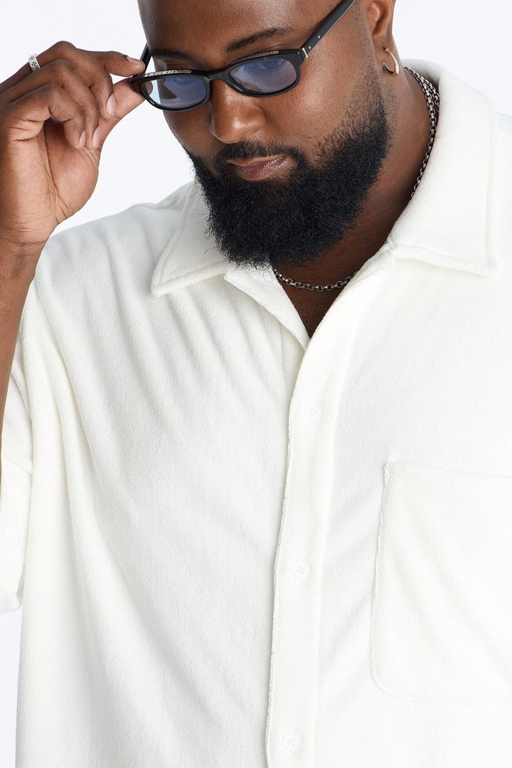 Classic Terry Cloth Button Up Shirt - White