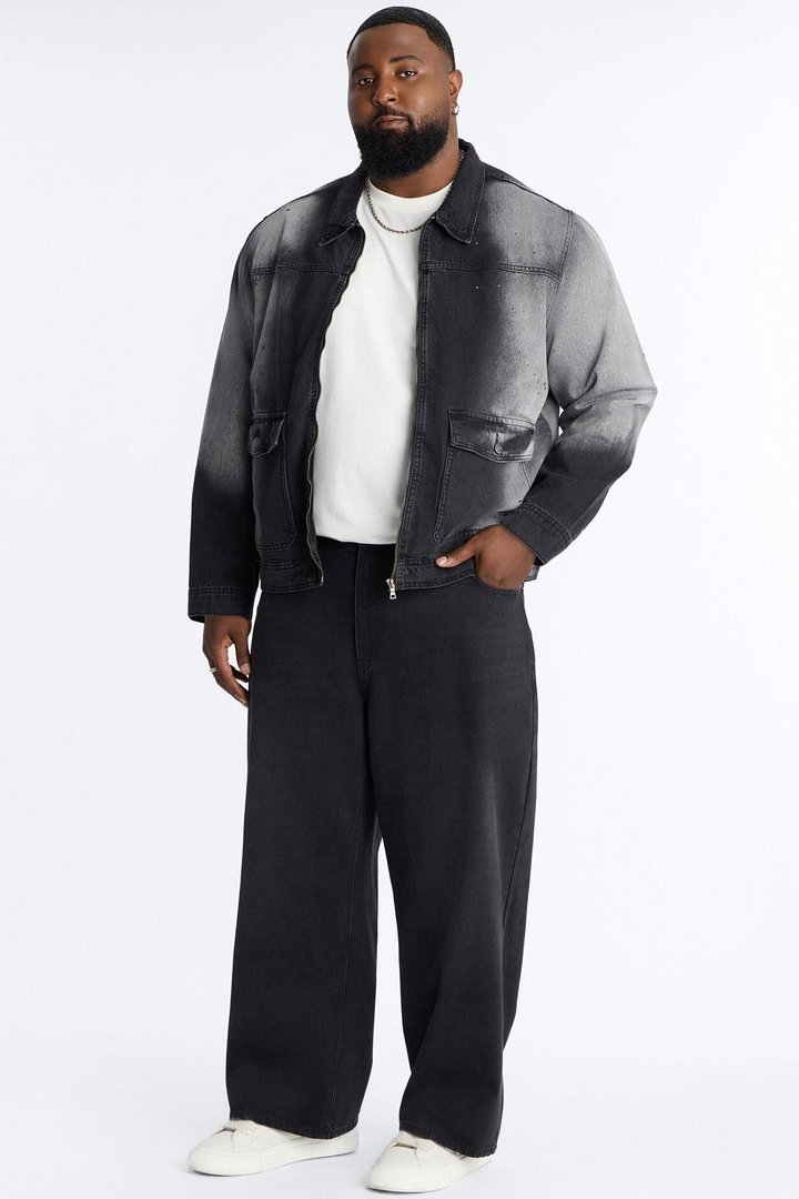 Spot Stained Cropped Denim Work Jacket - Black Wash