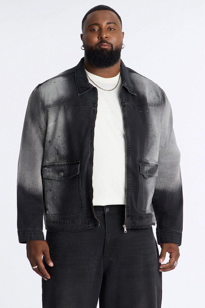Spot Stained Cropped Denim Work Jacket - Black Wash