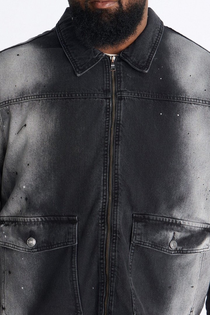 Spot Stained Cropped Denim Work Jacket - Black Wash