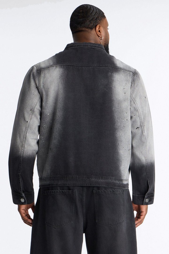 Spot Stained Cropped Denim Work Jacket - Black Wash