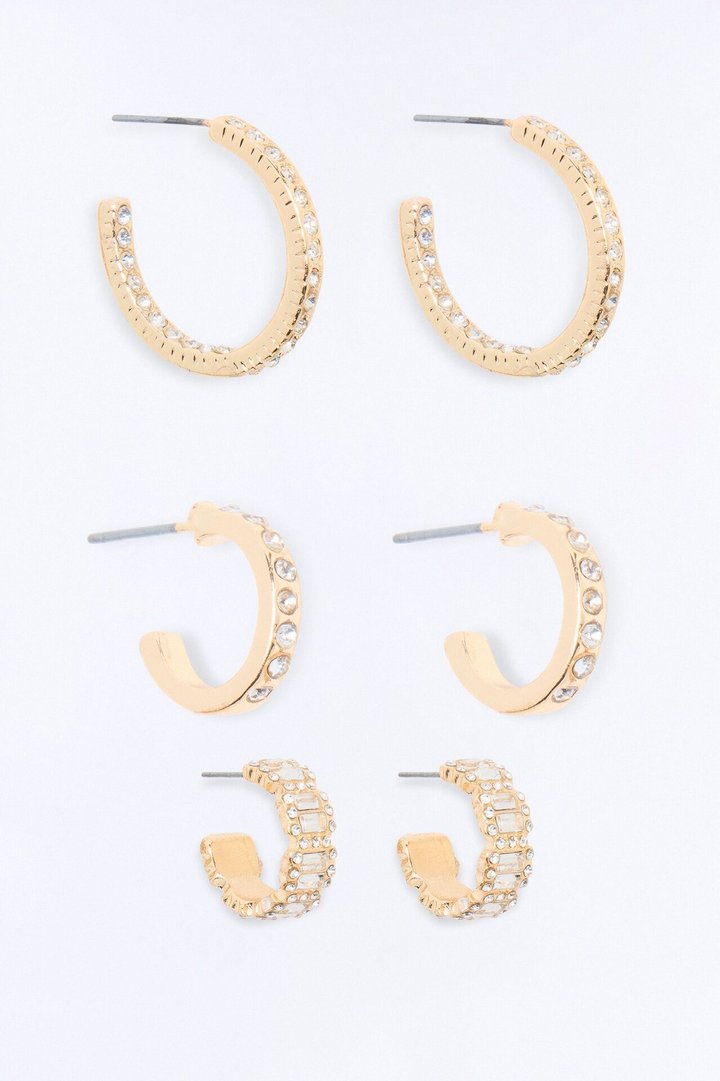 Weekend Vibes Rhinestone 3 Pair Multi Earring Set - Gold