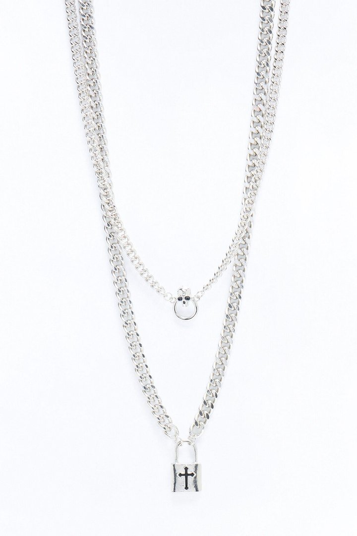 Lock Onto Faith Padlock Skull Necklace Set - Silver