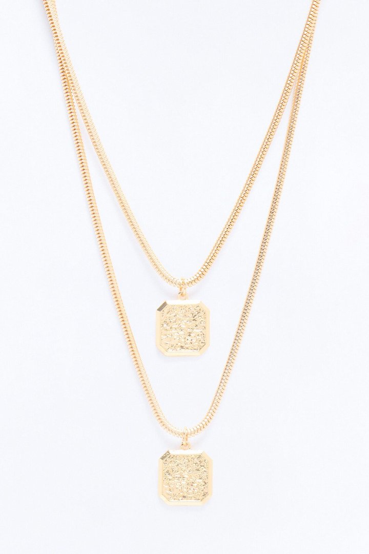 Hammered Pendant Snake Chain Necklace Set - Gold