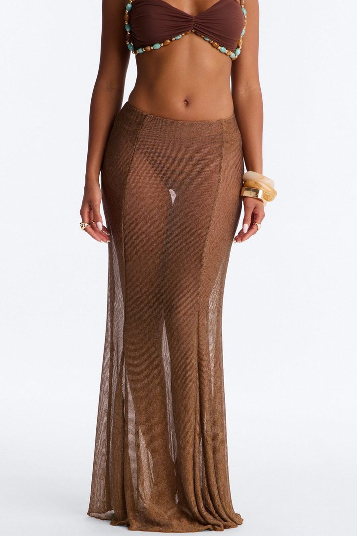Vacation Goddess Metallic Knit Maxi Skirt - Bronze
