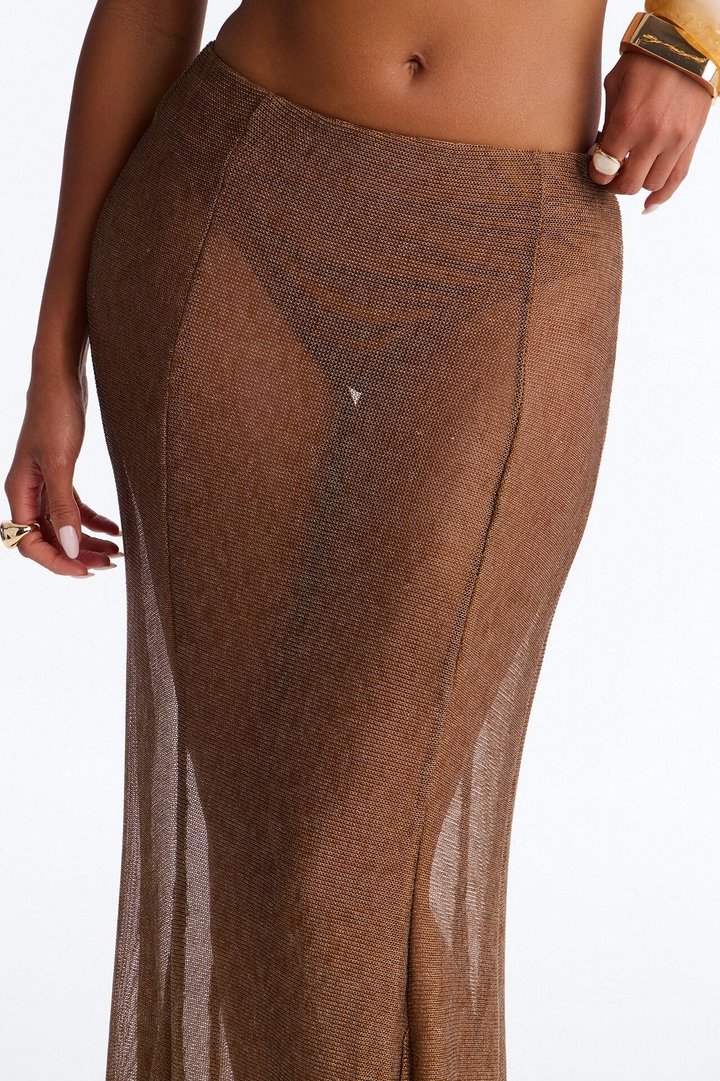 Vacation Goddess Metallic Knit Maxi Skirt - Bronze