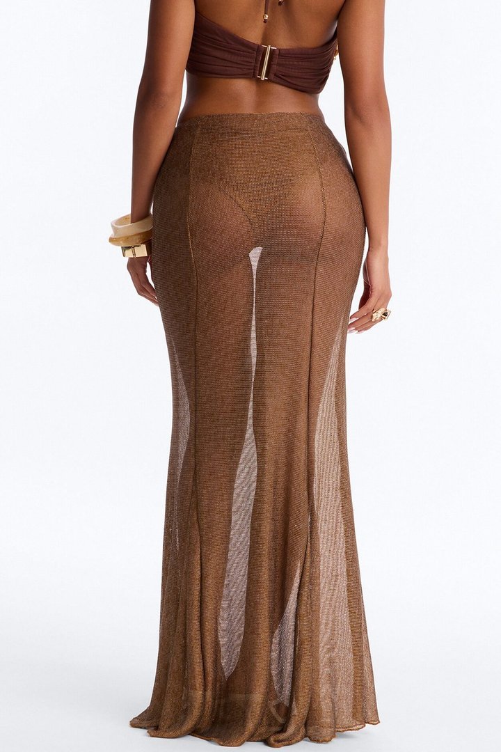 Vacation Goddess Metallic Knit Maxi Skirt - Bronze