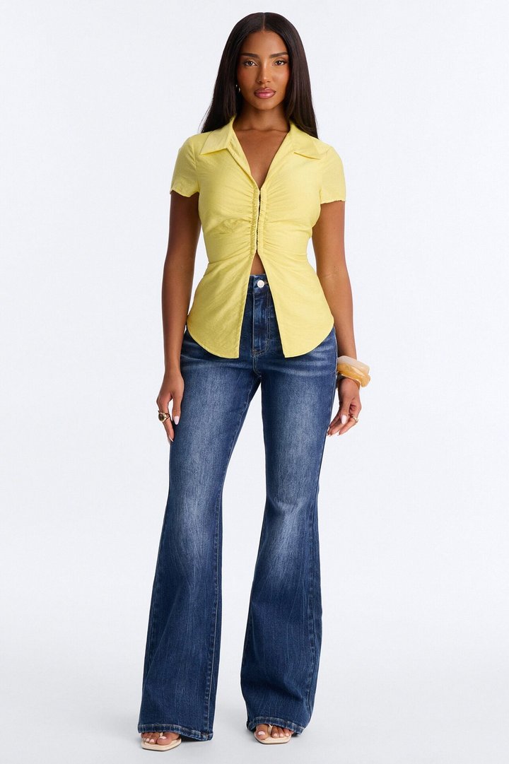 Make It Happen Short Sleeve Ruched Linen Top - Yellow