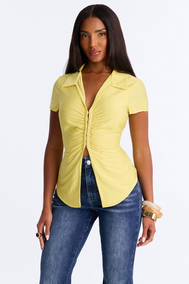 Make It Happen Short Sleeve Ruched Linen Top - Yellow