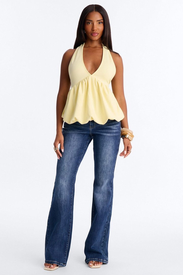 Girl Brunch Bubble Hem Halter Top - Butter Yellow