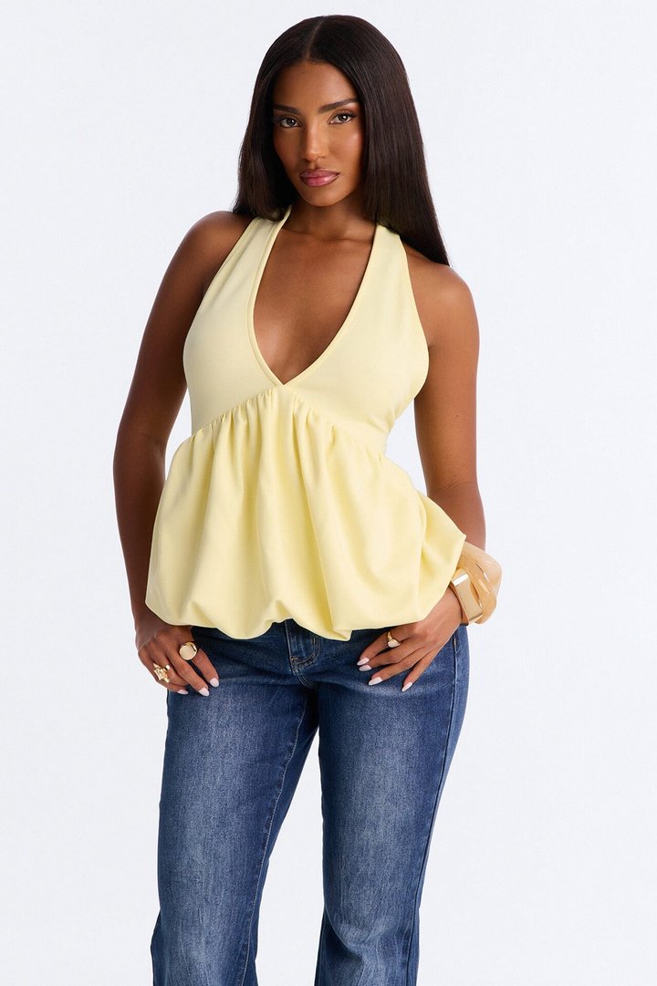 Girl Brunch Bubble Hem Halter Top - Butter Yellow