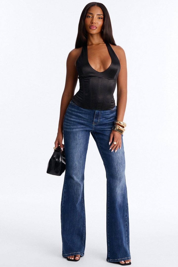 Kylie Satin U Neck Halter Corset Top - Black
