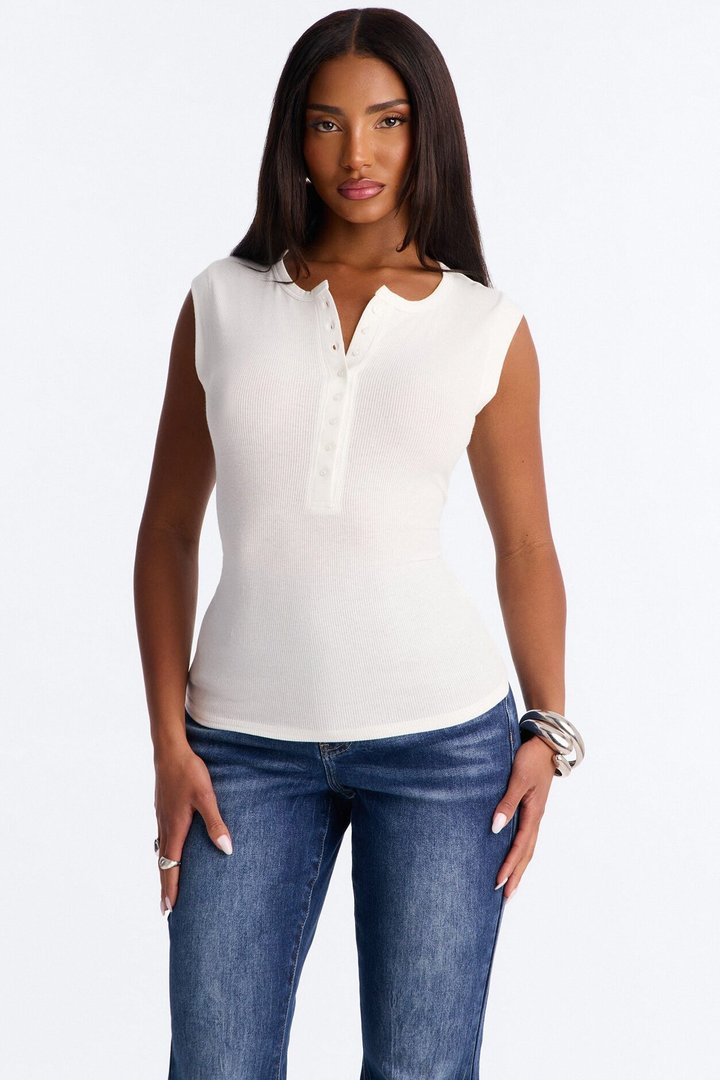 Hailey Ribbed Henley Muscle Tank Top - White