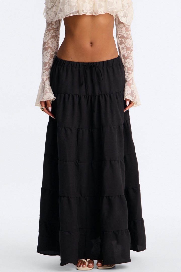 Aza Low Rise Tiered Maxi Skirt - Black