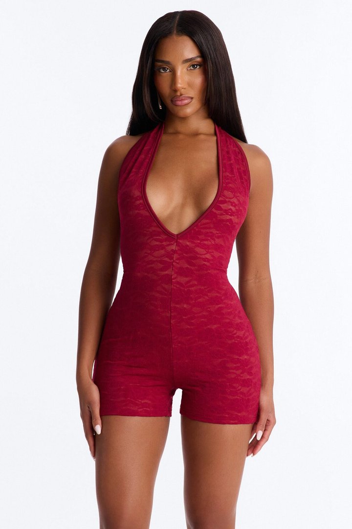 Midnight Strolls Backless Lace Romper - Wine