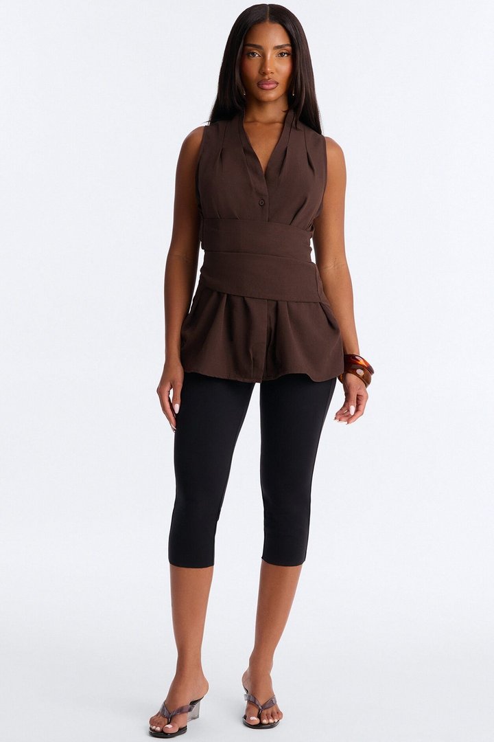Naya Waist Wrap Blouse Shirt - Brown