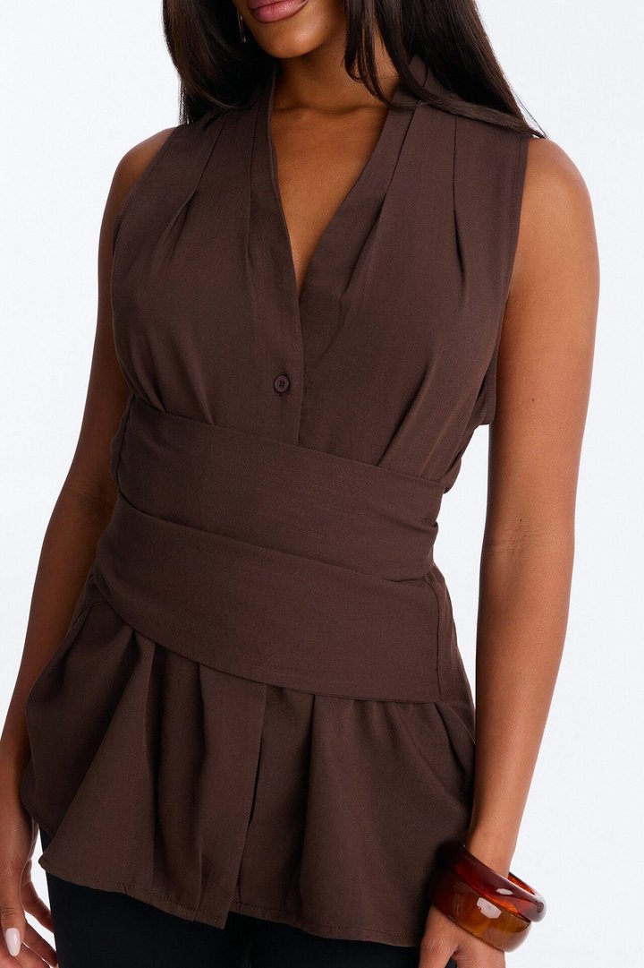 Naya Waist Wrap Blouse Shirt - Brown