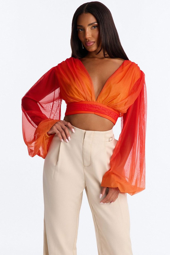 Isabela Ombre Mesh Long Sleeve Crop Top - Orange/combo