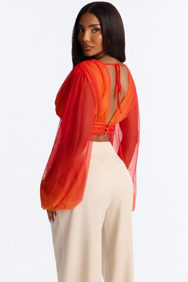Isabela Ombre Mesh Long Sleeve Crop Top - Orange/combo