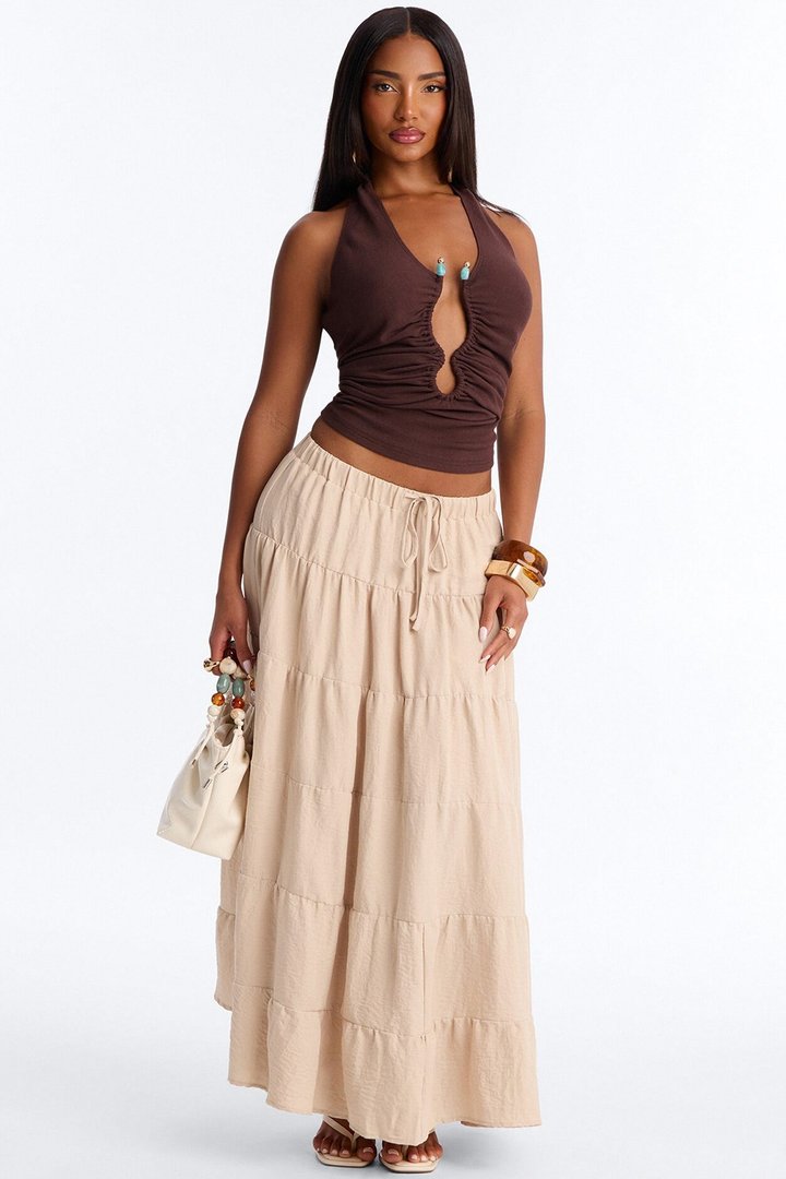 Aza Low Rise Tiered Maxi Skirt - Taupe