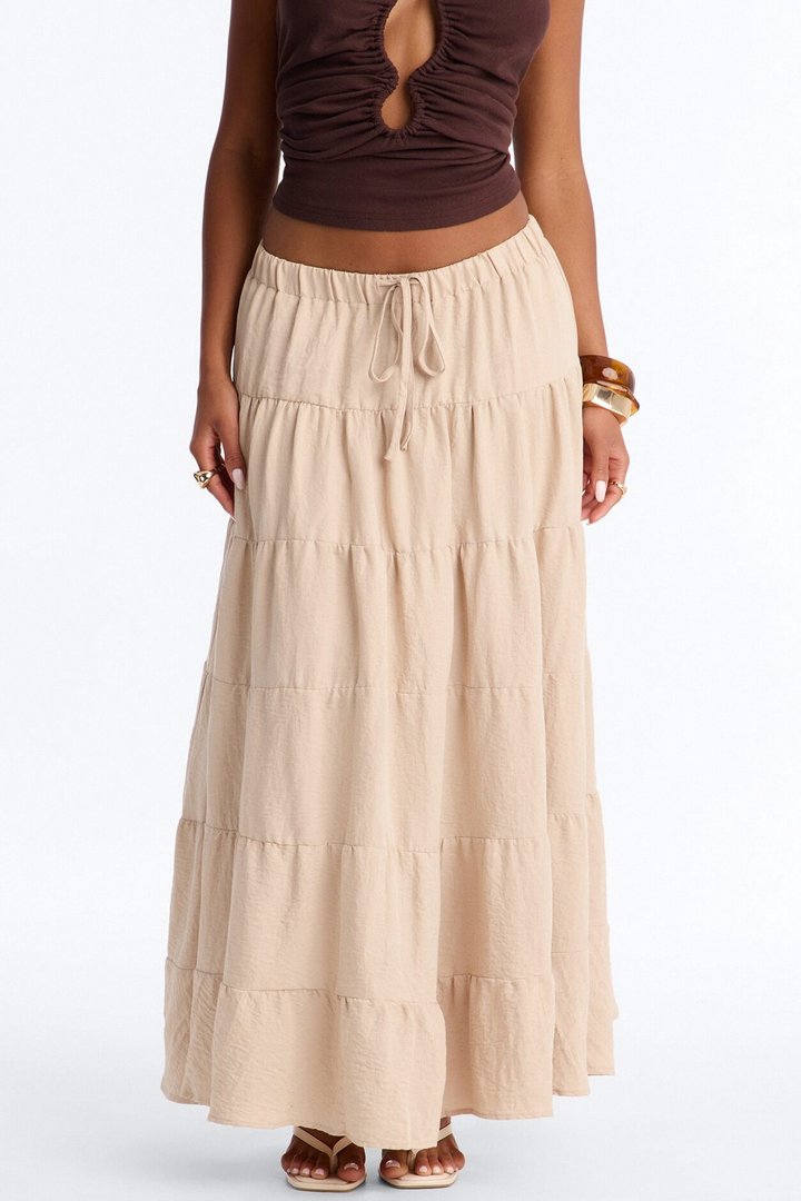 Aza Low Rise Tiered Maxi Skirt - Taupe