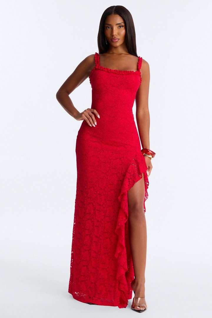 Marlowe Glitter Lace Maxi Dress - Red