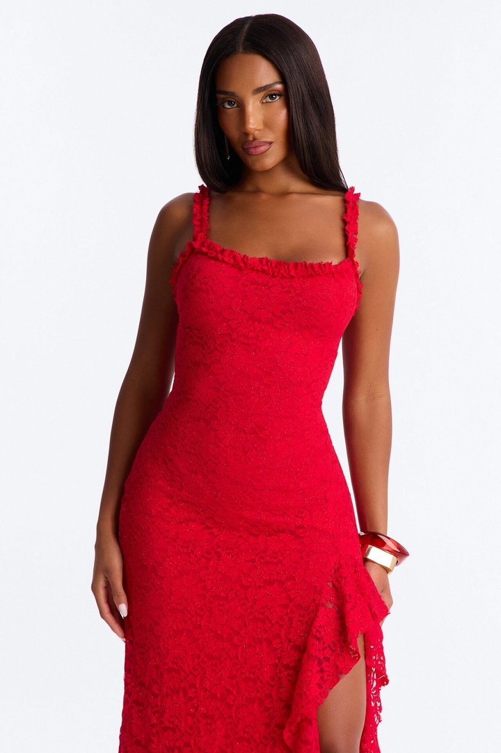 Marlowe Glitter Lace Maxi Dress - Red