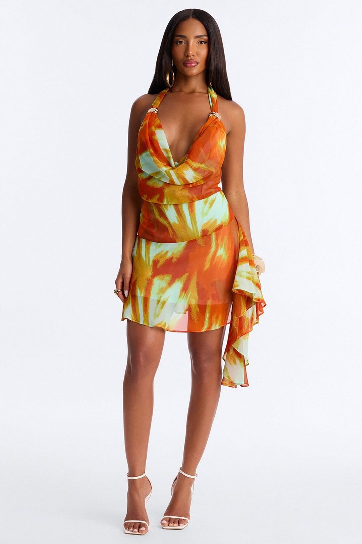Daydreaming Halter Chiffon Mini Dress - Orange/combo